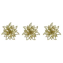 Foto van 3x stuks decoratie bloemen kerstster goud glitter op clip 14 cm - kersthangers
