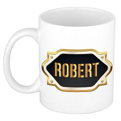 Foto van Naam cadeau mok / beker robert met gouden embleem 300 ml - naam mokken