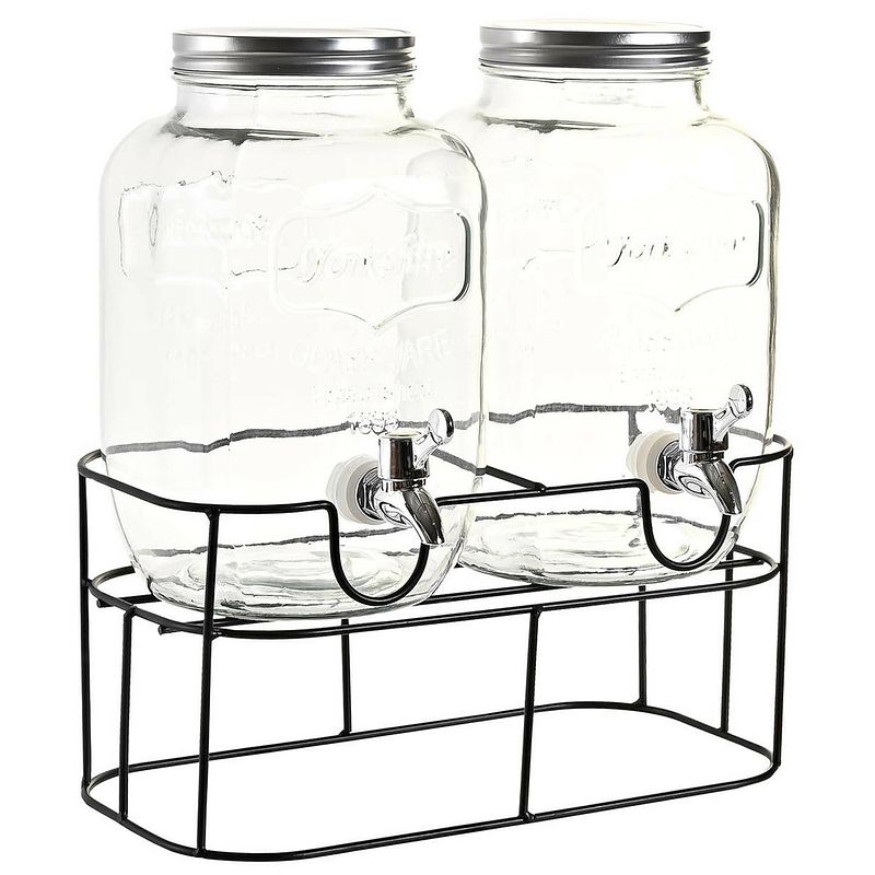 Foto van Drank dispensers - set van 2x stuks - 4 liter - glas - in houder met metalen kraantje - drankdispensers