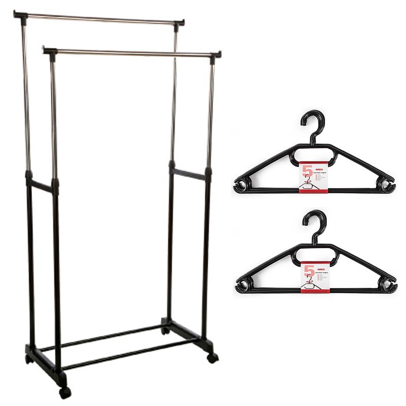 Foto van Kledingrek met kleding hangers - dubbele stang - kunststof - zwart - 80 x 42 x 170 cm - kledingrekken