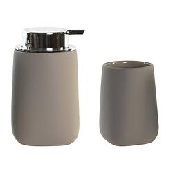 Foto van Badkamer accessoires setje drinkbeker en zeeppompje 14 cm taupe - zeeppompjes