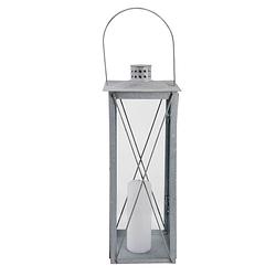 Foto van Zilveren tuin lantaarn/windlicht van zink 19,8 x 19,8 x 51,3 cm - lantaarns