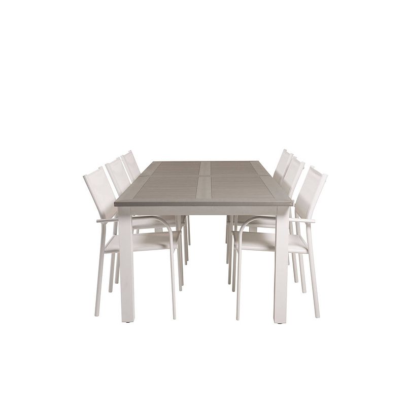 Foto van Albany tuinmeubelset tafel 100x224/324cm en 6 stoel santorini wit, grijs.