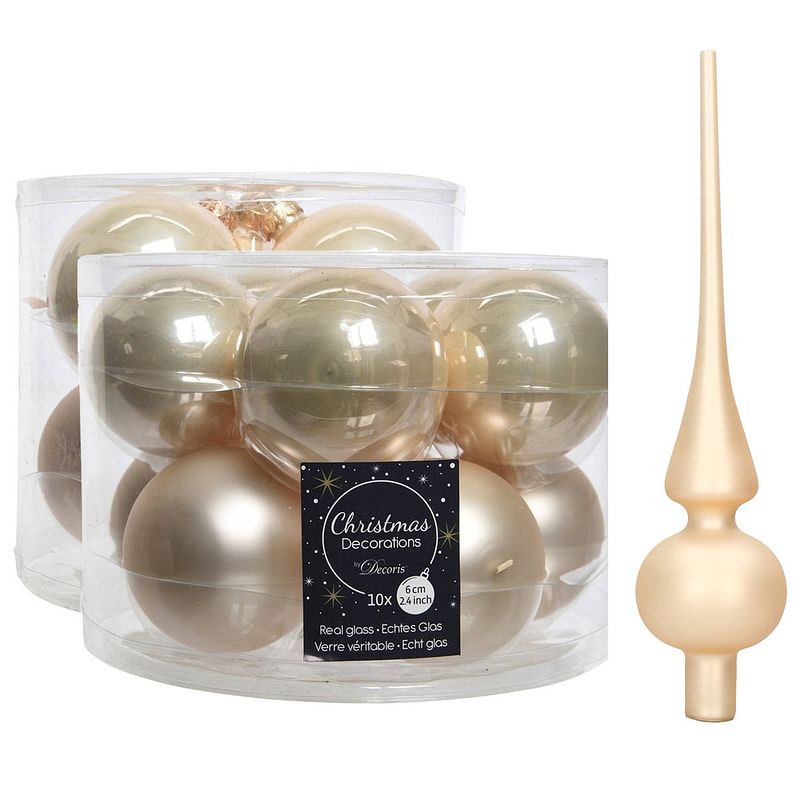 Foto van Glazen kerstballen pakket champagne glans/mat 32x stuks inclusief piek mat - kerstbal