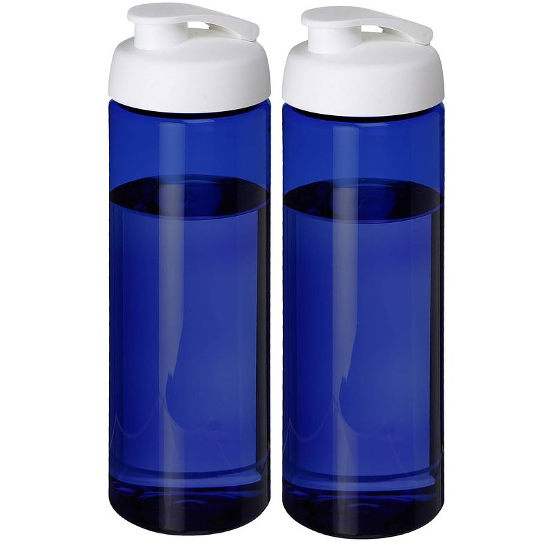 Foto van 2x stuks sport bidon hi-eco gerecycled kunststof - drinkfles/waterfles - blauw/wit - 850 ml - drinkflessen