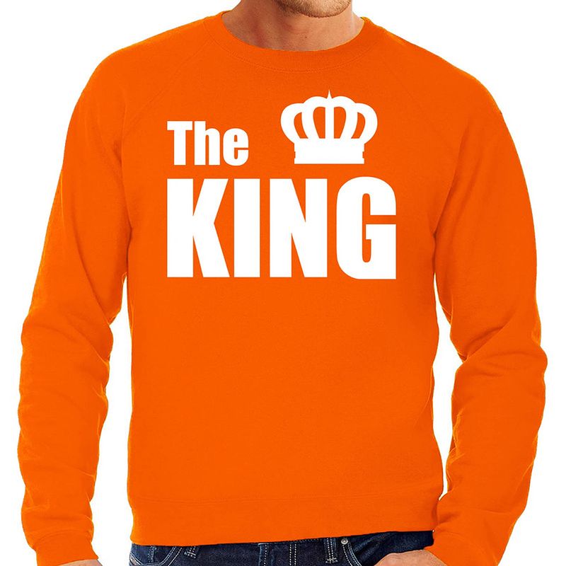 Foto van The king oranje trui / sweater met witte tekst en kroon voor heren koningsdag / holland l - feesttruien