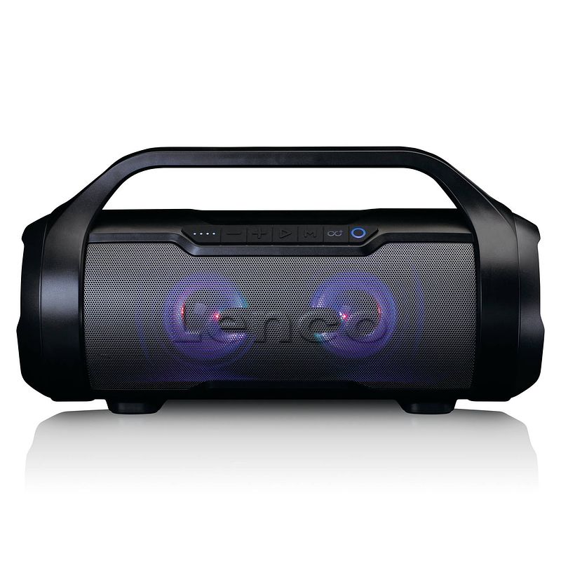 Foto van Splashproof bluetooth speaker met fm radio,usb en sd, party lights lenco spr-070bk zwart
