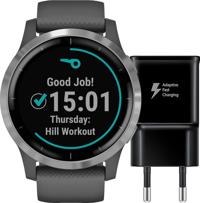 Foto van Garmin vivoactive 4 zilver/donkergrijs 45 mm + samsung adaptive fast charging oplader