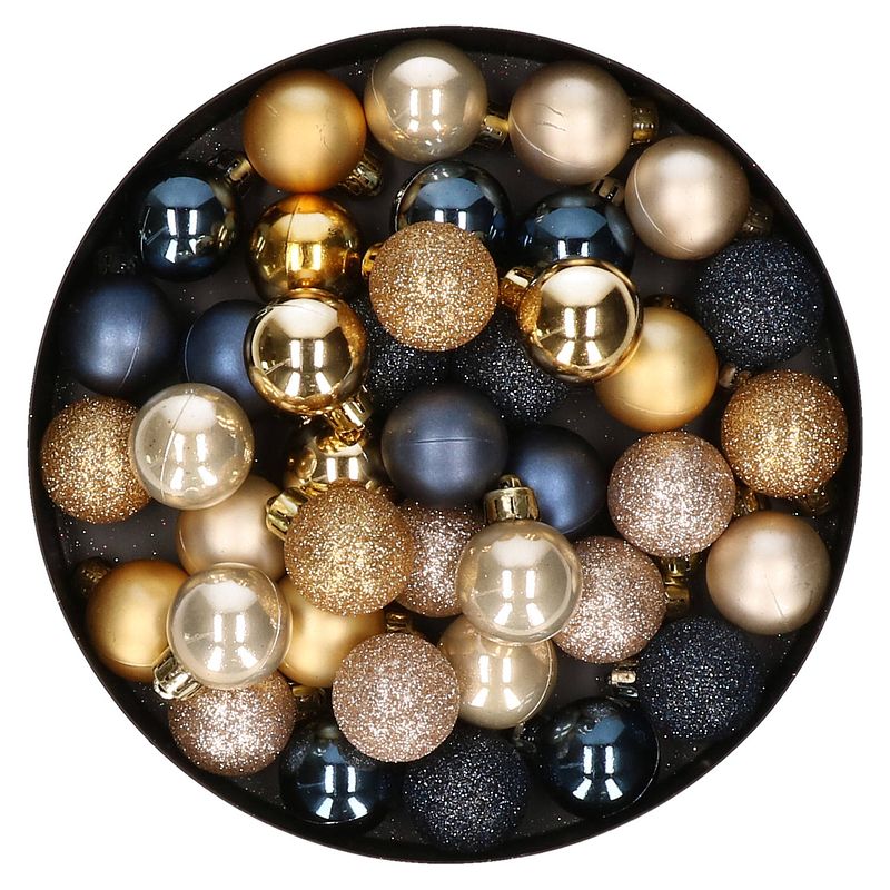 Foto van 42x stuks kunststof kerstballen donkerblauw, champagne en goud mix 3 cm - kerstbal