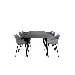 Foto van Dipp180x90blbl eethoek eetkamertafel zwart en 6 comfort eetkamerstal grijs.