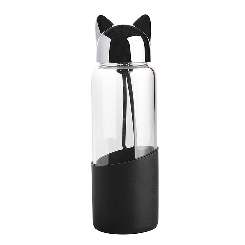 Foto van Altom design glazen waterfles of drinkfles voor kinderen en volwassenen - met kattendop - zwart