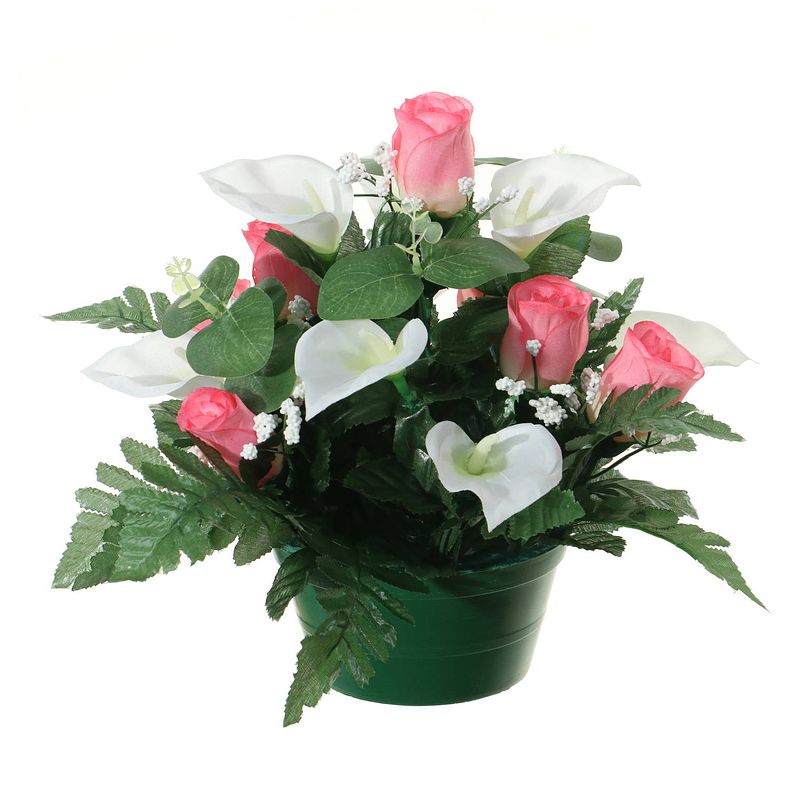 Foto van Louis maes kunstbloemen plantje in pot - wit/roze - 26 cm - bloemstuk ornament - rozen met bladgroen - kunstbloemen