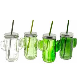 Foto van Glazen cactus drinkglas met deksel en rietje 350ml - 4 kleuren - 4 stuks