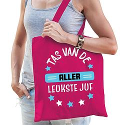 Foto van Bellatio decorations cadeau tas juf - fuchsia roze/blauw - 42 x 38 cm - tas van de aller leukste juf - feest boodschappe