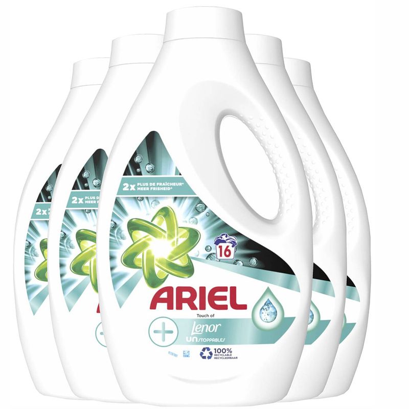 Foto van Ariel vloeibaar wasmiddel +touch van lenor unstoppables - 5x16 wasbeurten - voordeelverpakking