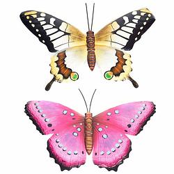 Foto van Set van 2x stuks tuindecoratie muur/wand vlinders van metaal in roze en geel tinten 48 x 30 cm - tuinbeelden