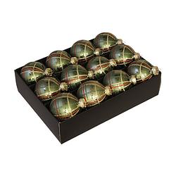 Foto van 24x stuks luxe glazen gedecoreerde kerstballen groen schotse ruit 7,5 cm - kerstbal