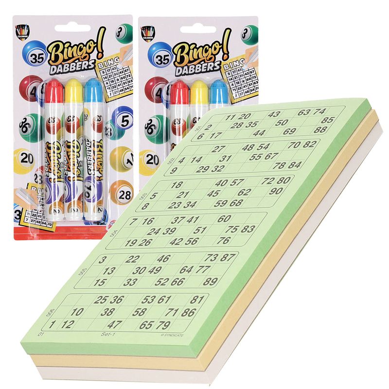 Foto van 100x bingokaarten nummers 1-90 inclusief 6x bingostiften - actiespellen