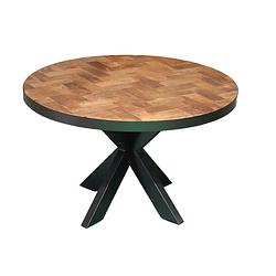 Foto van Eettafel rond mangohout visgraat 150cm avelyn bruin ronde industriële tafel duurzaam mango eetkamertafel