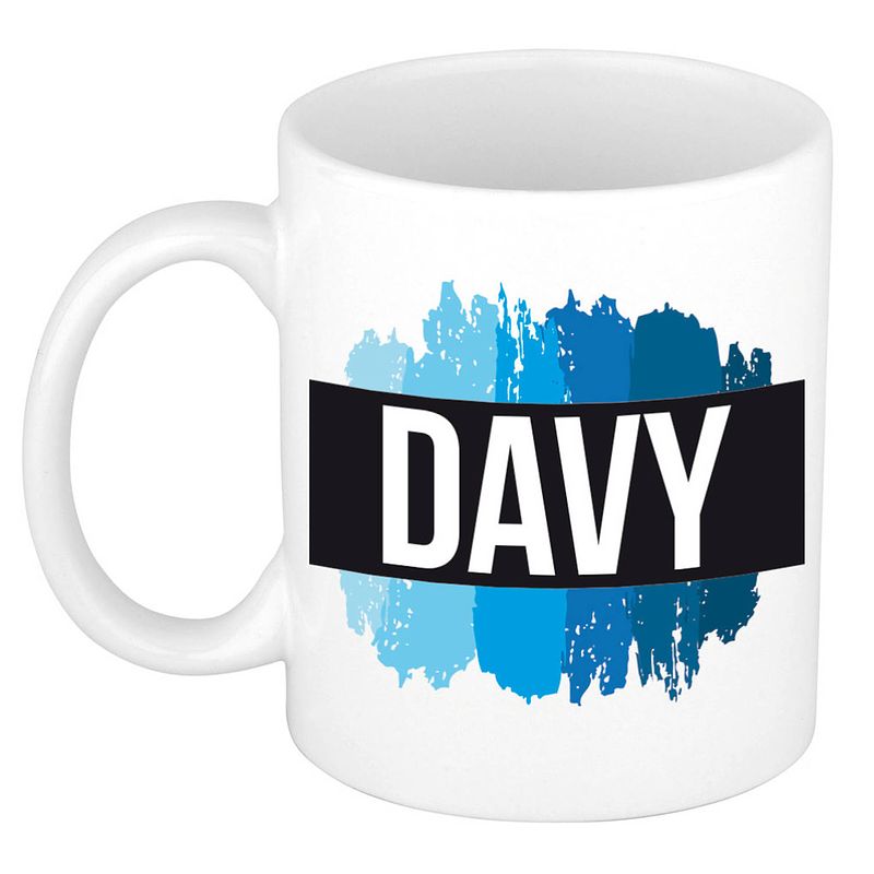 Foto van Naam cadeau mok / beker davy met blauwe verfstrepen 300 ml - naam mokken