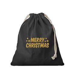 Foto van 1x kerst cadeauzak zwart merry christmas gouden glitters met koord voor als cadeauverpakking - cadeauverpakking kerst