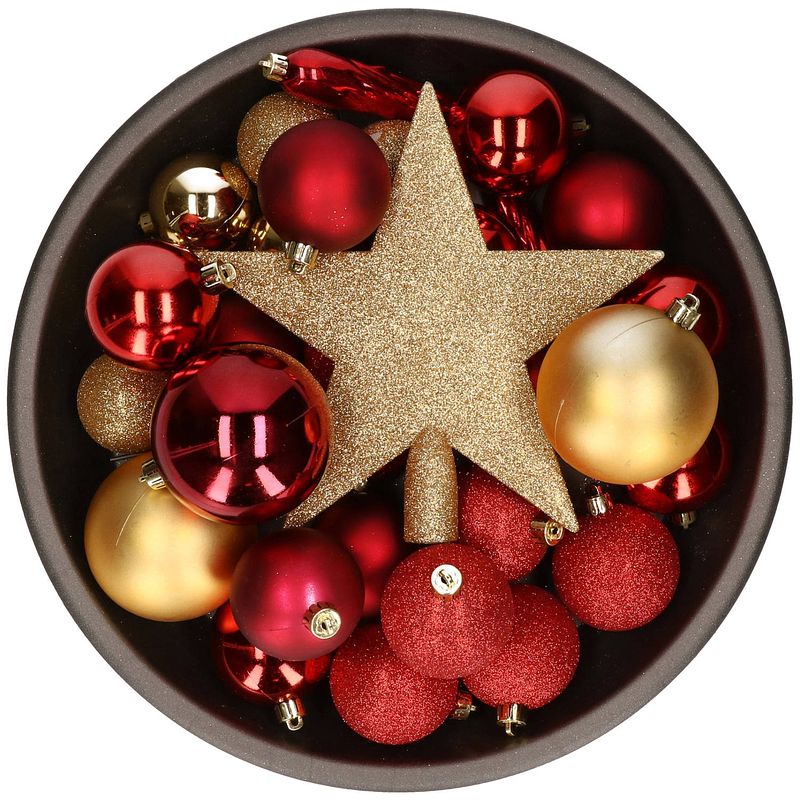 Foto van 33x gouden/rode kunststof kerstballen 5-6-8 cm - mix - onbreekbare plastic kerstballen - kerstboomversiering goud/rood