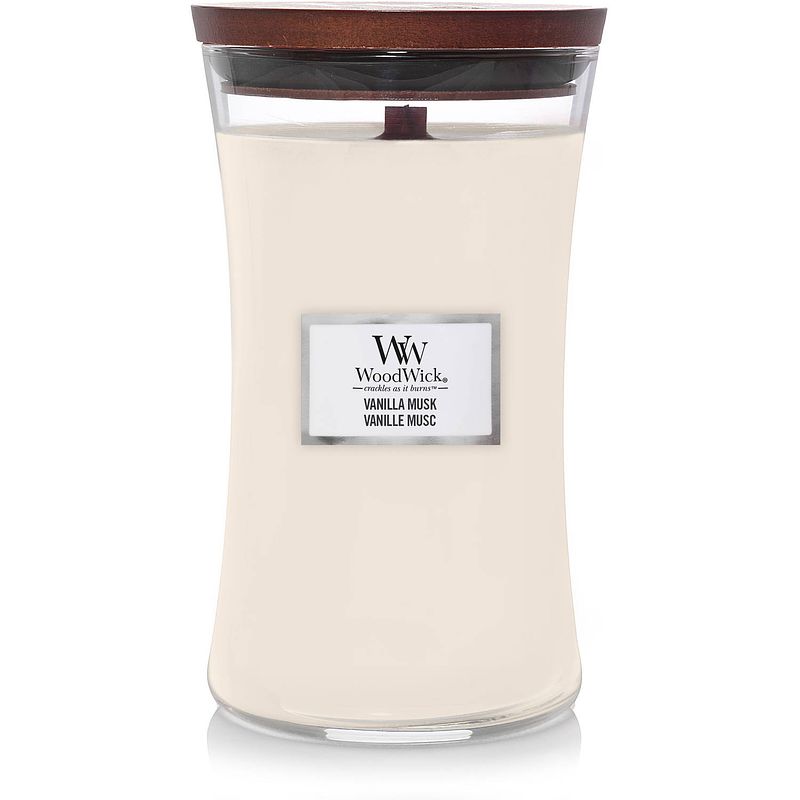 Foto van Woodwick geurkaars large vanilla musk - 18 cm / ø 10 cm