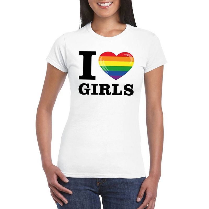 Foto van I love girls regenboog t-shirt wit dames m - feestshirts