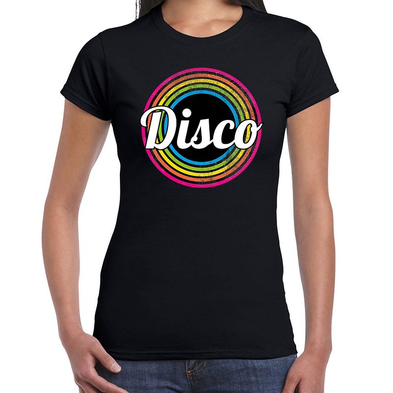 Foto van Disco verkleed t-shirt zwart voor dames - 70s, 80s party verkleed outfit 2xl - feestshirts