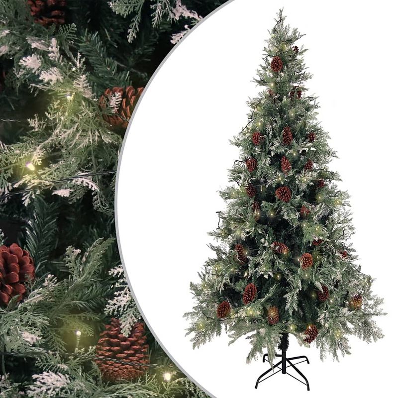 Foto van Vidaxl kerstboom met led's en dennenappels 225 cm pvc en pe groen wit