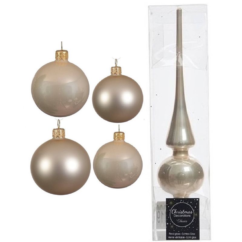 Foto van Glazen kerstballen pakket champagne glans/mat 38x stuks 4 en 6 cm met piek glans - kerstbal