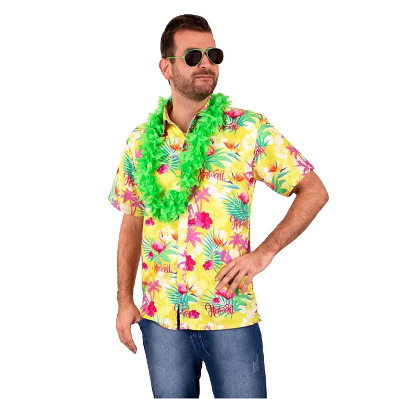 Foto van Hawaii shirt/blouse - verkleedkleding - heren - tropische bloemen - geel 54 (xl) - carnavalsblouses