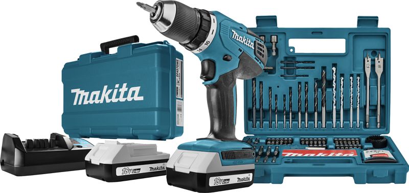 Foto van Makita hp457dwe + 100-delige bit- en borenset