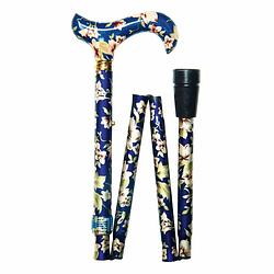 Foto van Classic canes opvouwbare wandelstok - donkerblauw - bloemen - aluminium - derby handvat - lengte 82 - 92 cm