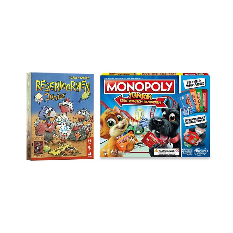 Foto van Spellenbundel - bordspel - 2 stuks - regenwormen junior & monopoly junior elektronisch bankieren