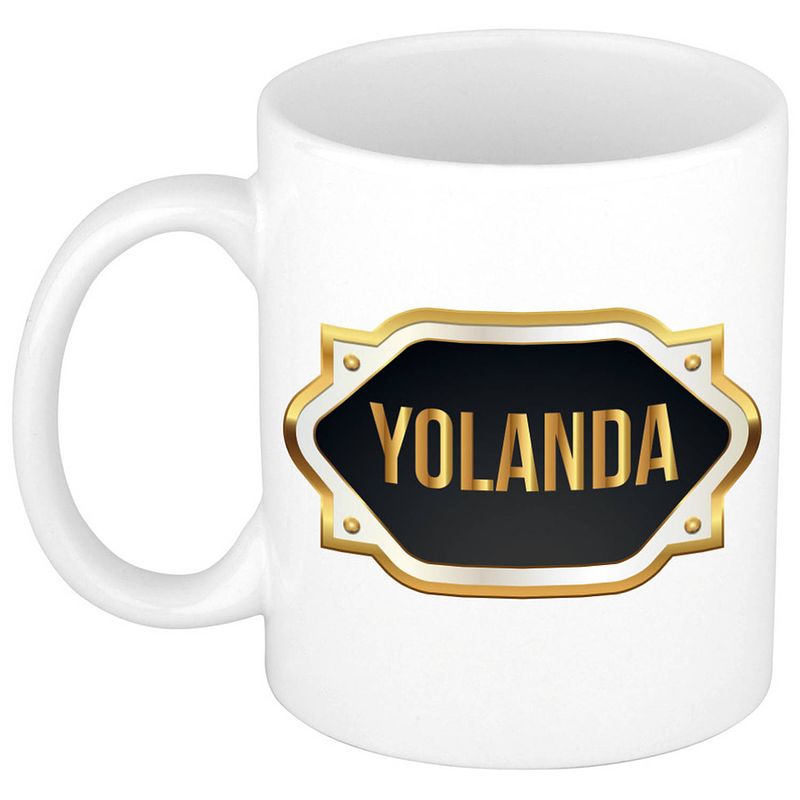 Foto van Naam cadeau mok / beker yolanda met gouden embleem 300 ml - naam mokken