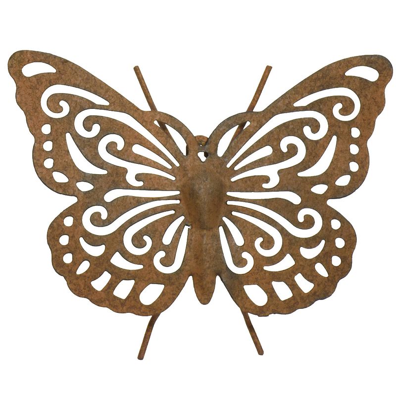 Foto van Tuin/schutting decoratie vlinder - metaal - roestbruin - 22 x 18 cm - tuinbeelden