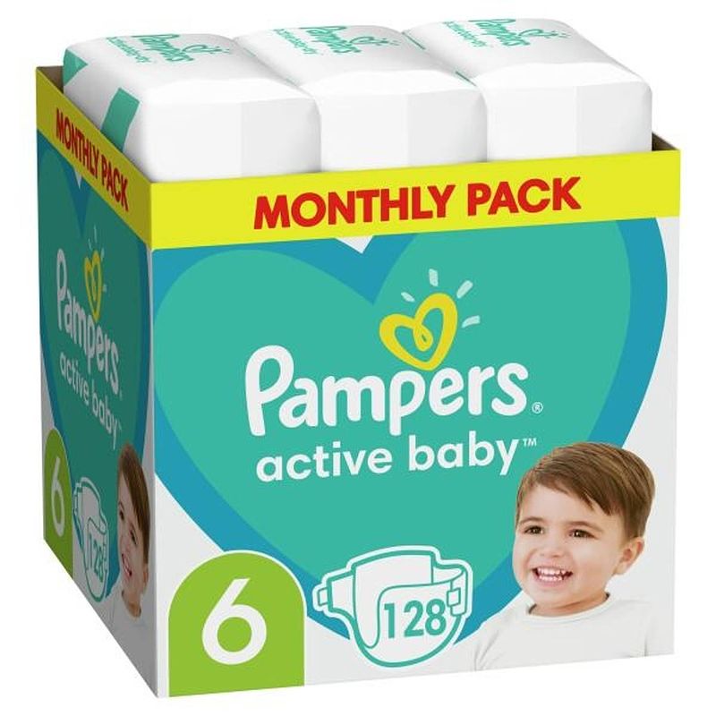 Foto van Pampers - active baby dry - maat 6 - maandbox - 128 stuks - 13/18kg