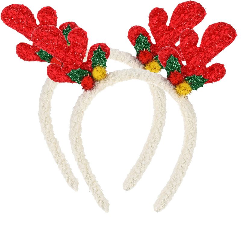 Foto van Christmas decoration kerst haarband - 2x - rendier gewei - rood - polyester - verkleedattributen