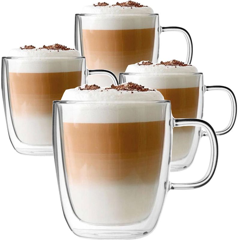 Foto van Luxe latte macchiato glazen dubbelwandig - koffieglazen met oor - cappuccinoglazen - theeglas 350 ml - set van 4