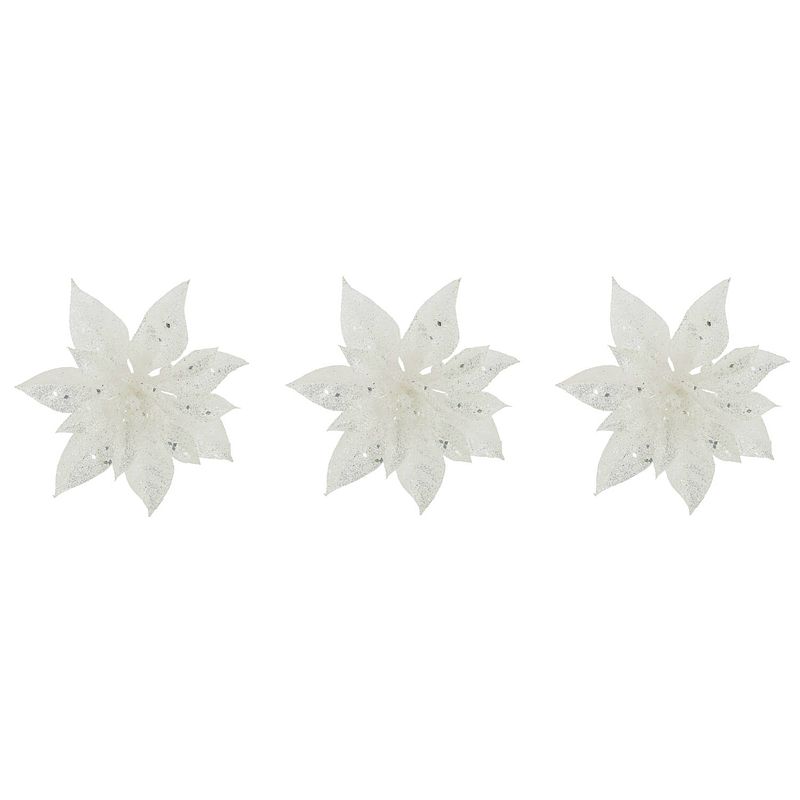 Foto van 3x stuks decoratie bloemen kerstster wit glitter op clip 15 cm - kersthangers