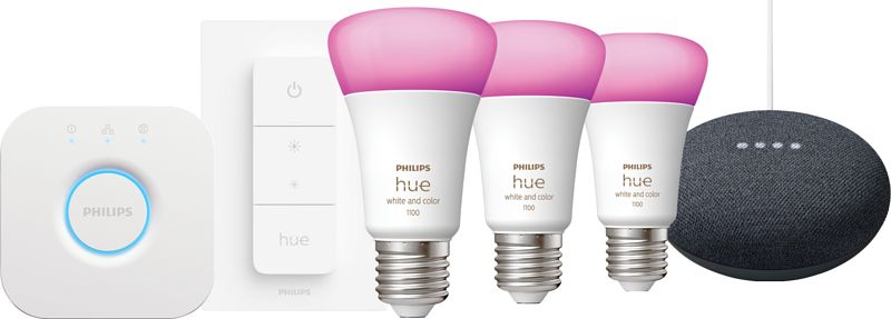 Foto van Philips hue white and color starter pack e27 3-pack + dimmer + bridge + google nest mini