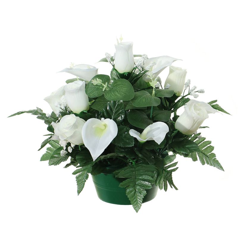 Foto van Louis maes kunstbloemen plantje in pot - wit - 26 cm - bloemstuk ornament - rozen met bladgroen - kunstbloemen