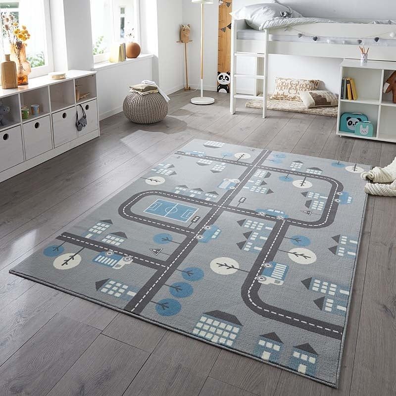 Foto van Vloerkleed kids town - grijs / blauw - dekbed-discounter.nl