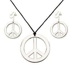 Foto van Hippie flower power sixties sieraden set ketting met oorbellen peace tekens - verkleedsieraden