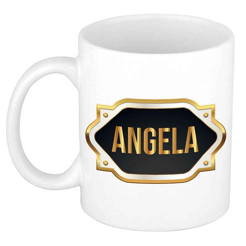 Foto van Naam cadeau mok / beker angela met gouden embleem 300 ml - naam mokken