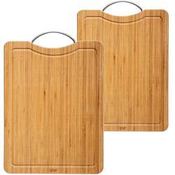 Foto van Set met 2x formaten snijplanken met metalen handvat van bamboe hout - snijplanken