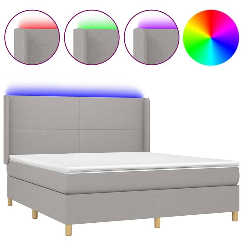 Foto van The living store boxspring lichtgrijs bed 203x163x118/128 cm - pocketvering matras - led-verlichting