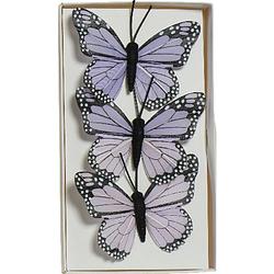 Foto van 3x stuks decoratie vlinders op draad - paars - 6 cm - hobbydecoratieobject
