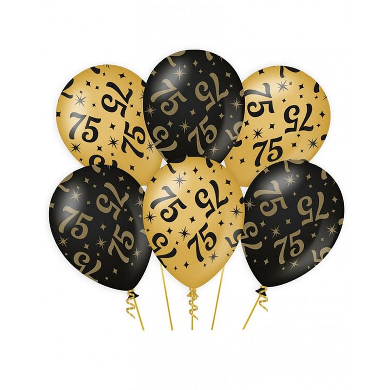 Foto van 6x stuks leeftijd verjaardag feest ballonnen 75 jaar geworden zwart/goud 30 cm - ballonnen